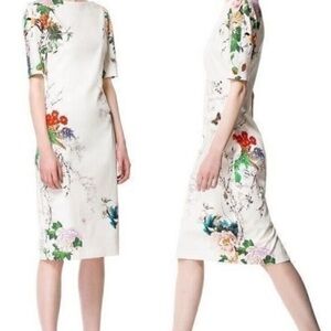 Elegant Ivory Boat Neck Floral Knee Length Dress